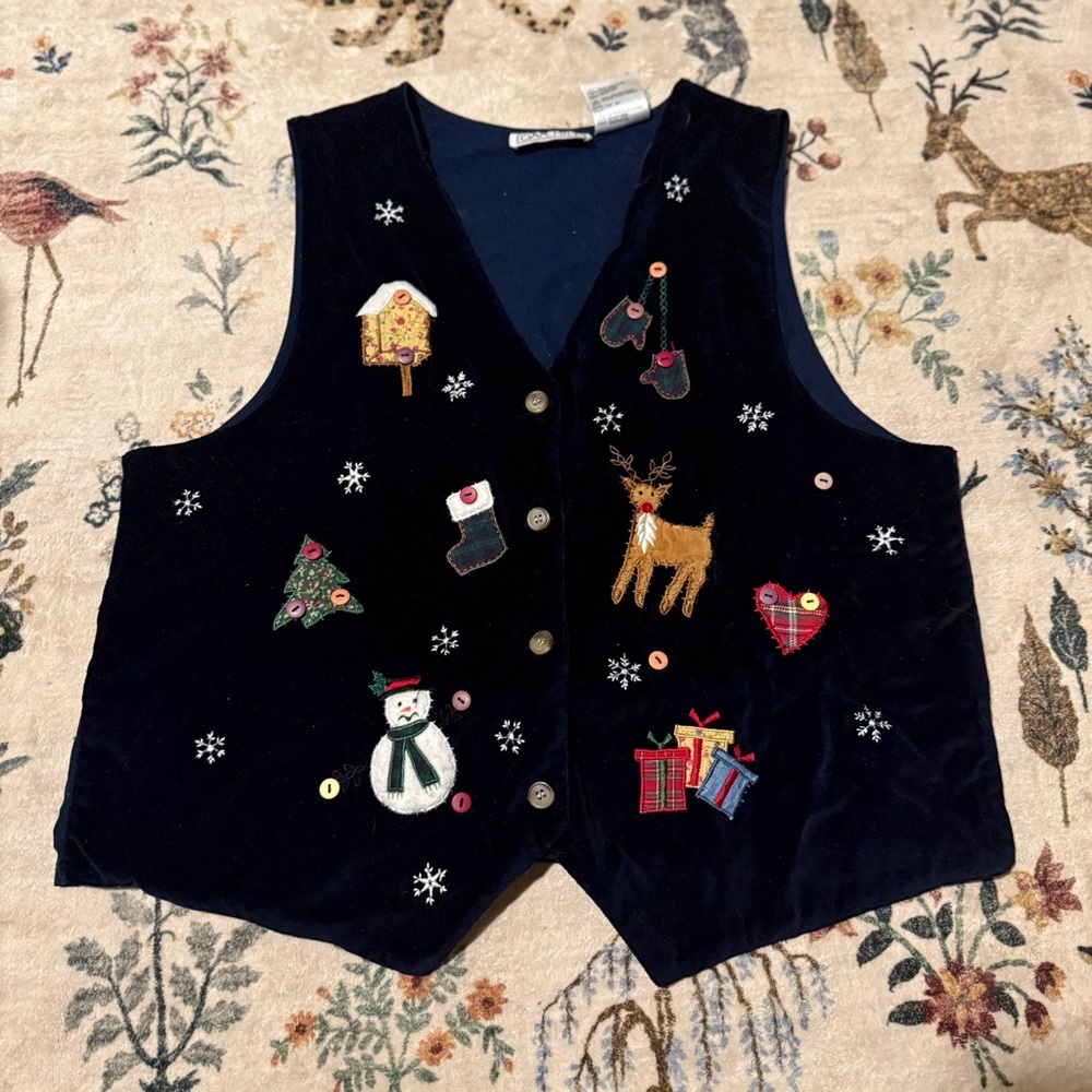 Oak Hill Christmas Festive Blue Velvet Holiday Vest L vintage